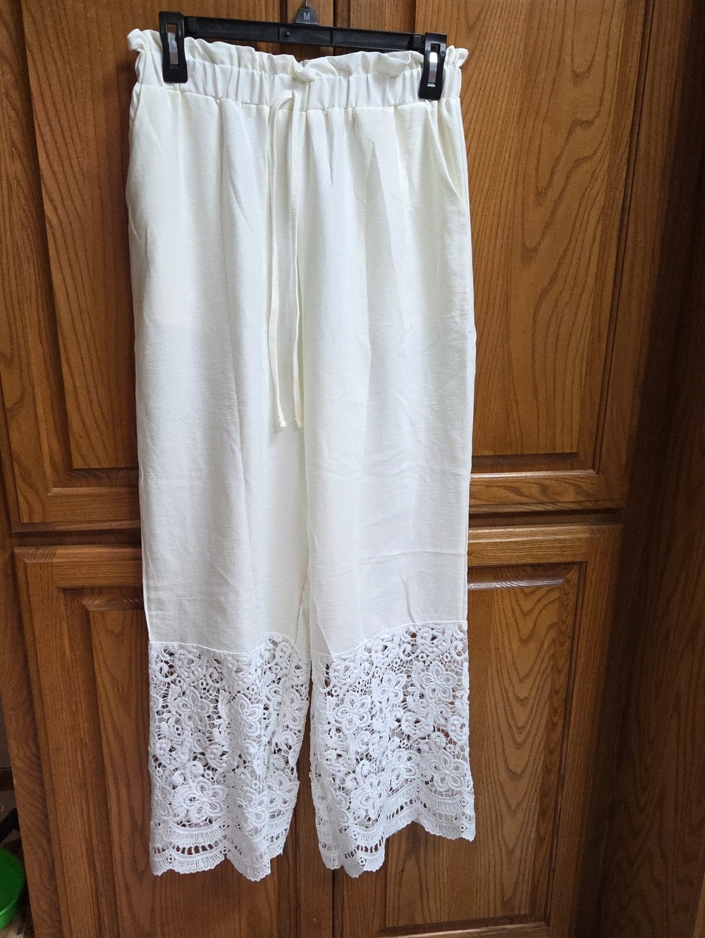 Source Unknown Cream Wide-Leg Drawstring Pants with Crochet Hem
